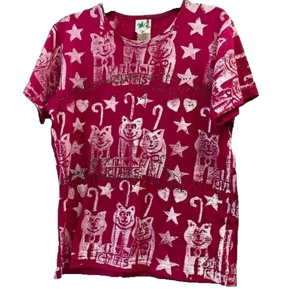 Vintage I love cats tee size petite small pink all over print EZL USA made AOP